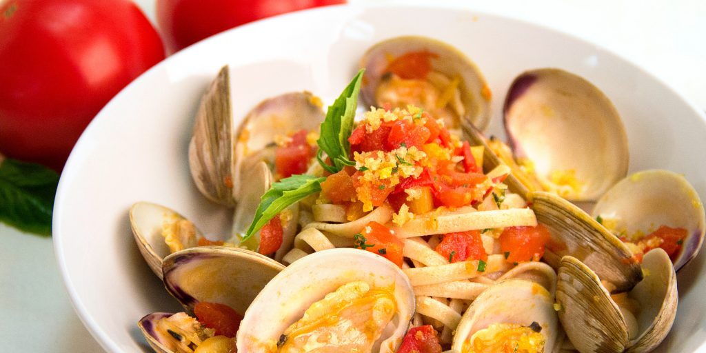 Lombardi’s Clam Linguine with Tomato, Basil, Lemon and Cortez Bottarga