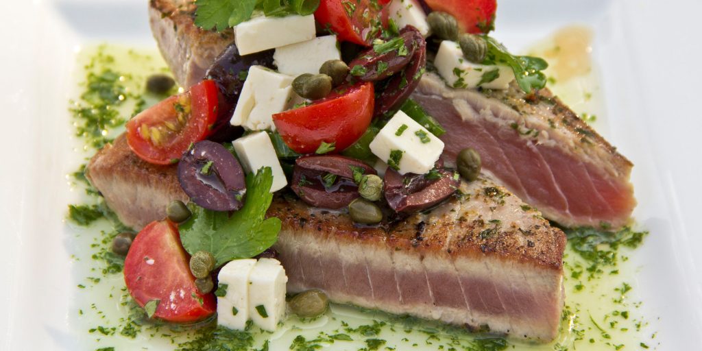 Lombardi’s Seared Tuna Steaks with Mediterranean Relish and Herb Oil